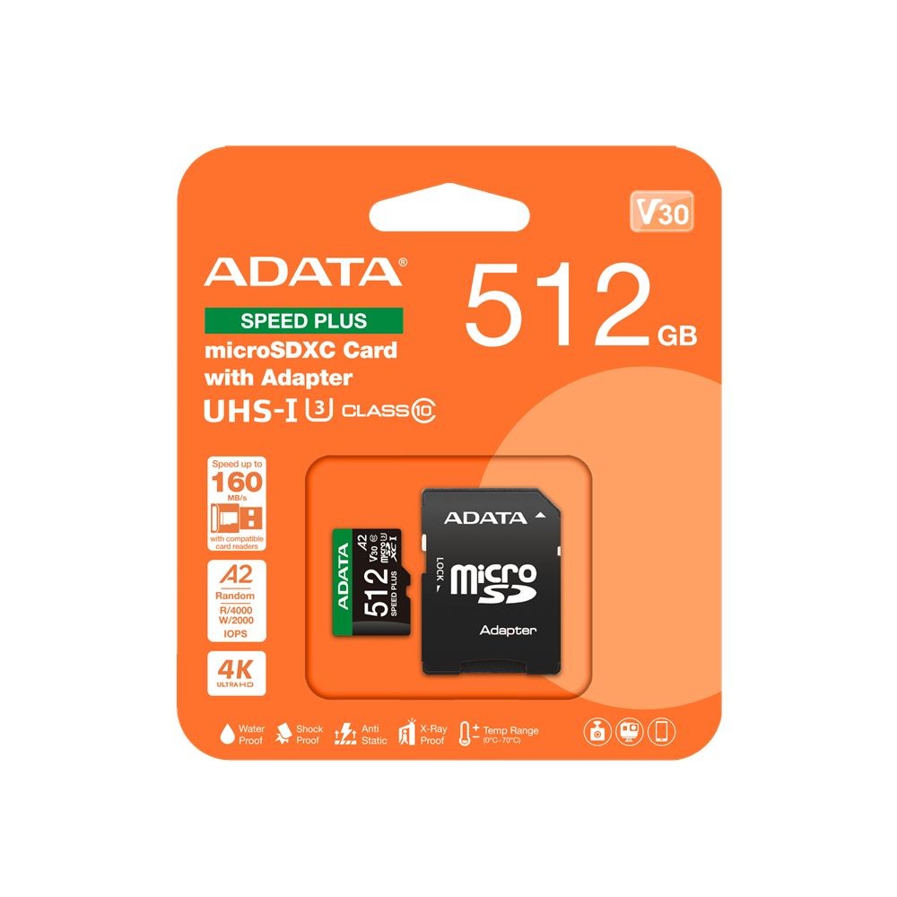 A-Data 512GB microSDXC Speed Plus Class 10 UHS-I U3 V30 + adapterrel