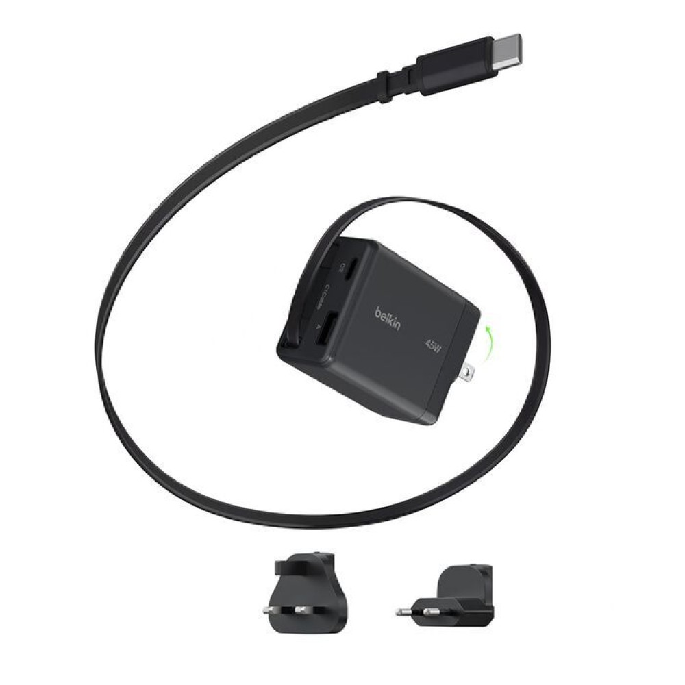 Belkin UltraCharge Retractable GaN Wall Charger 45W Black