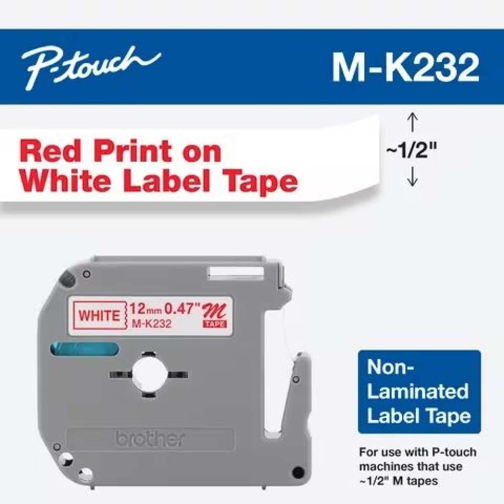 Brother M-K232 Laminált P-touch szalag (12mm) Red on White - 8m