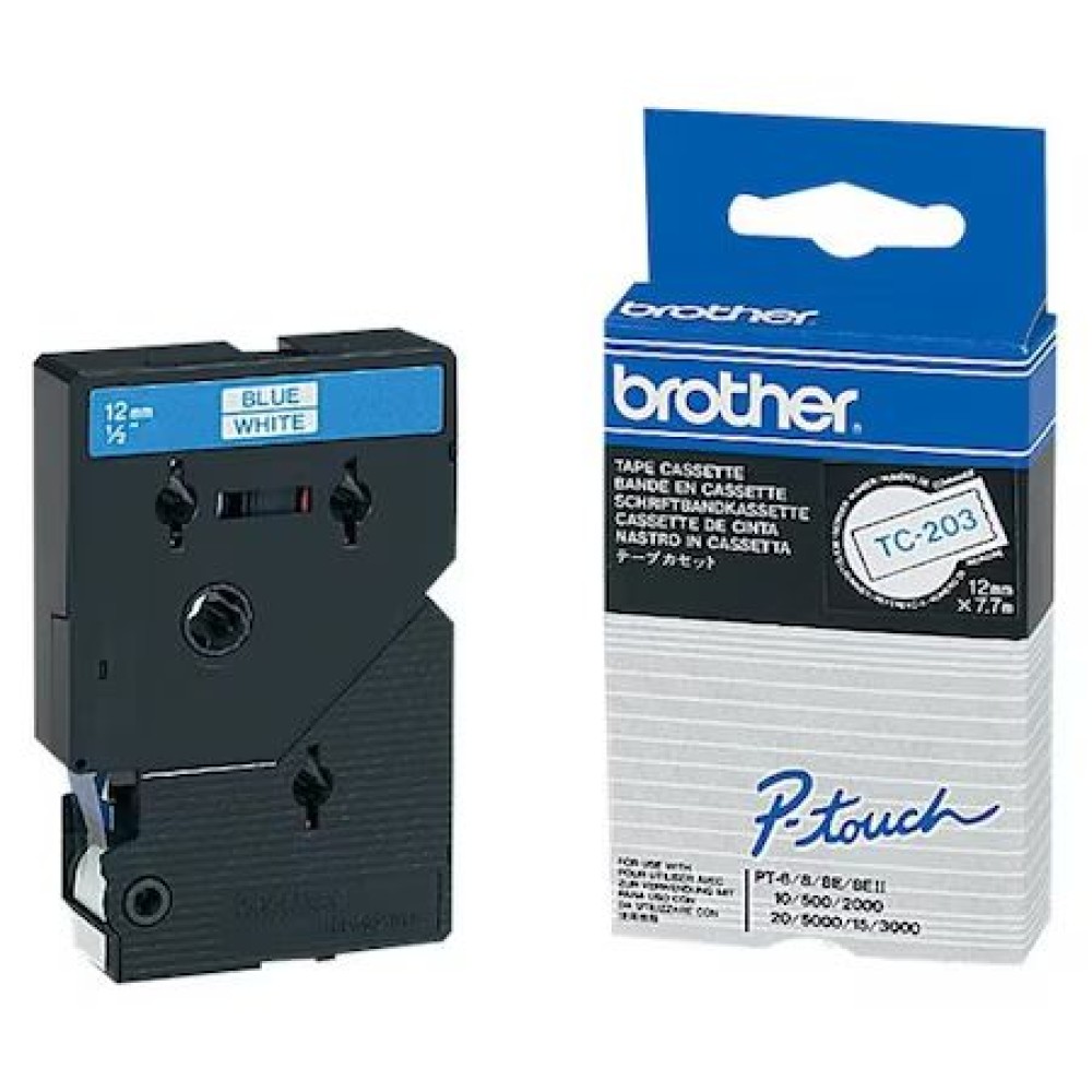 Brother TC-203 Laminált P-touch szalag (12mm) Blue on White - 7,7m