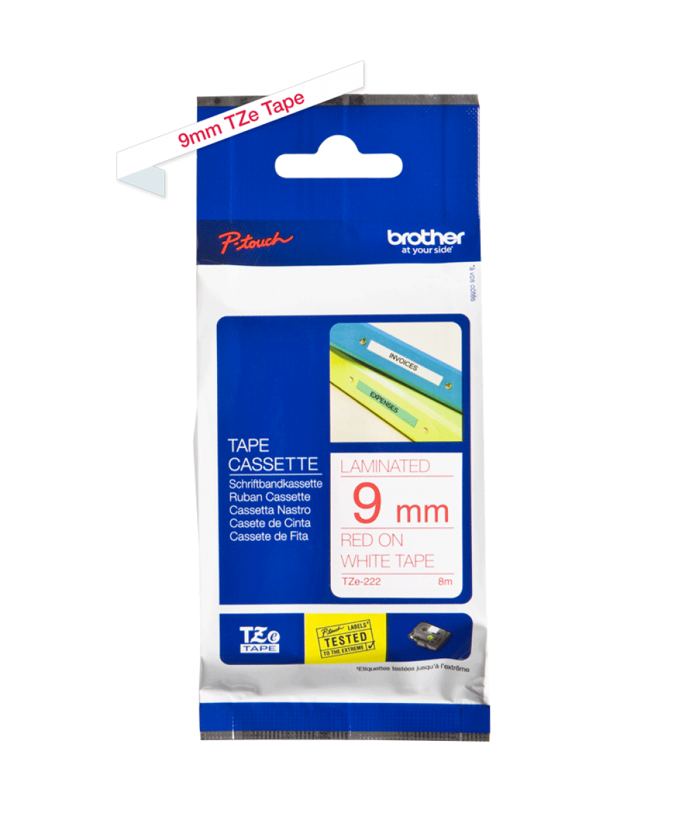 Brother TZE-222 laminált P-touch szalag (9mm) Red on White - 8m