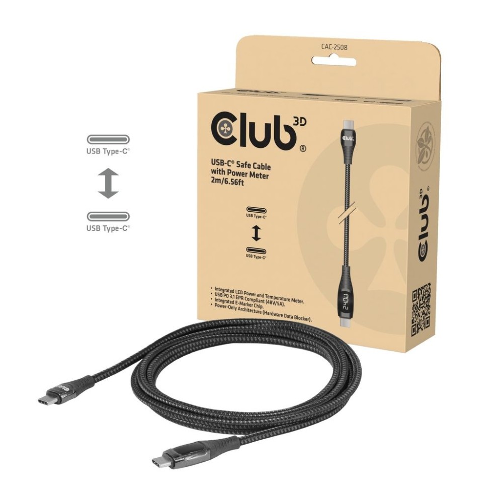Club3D CAC-2508 USB-C Safe Cable with Power Meter 240W No Data 2m Black