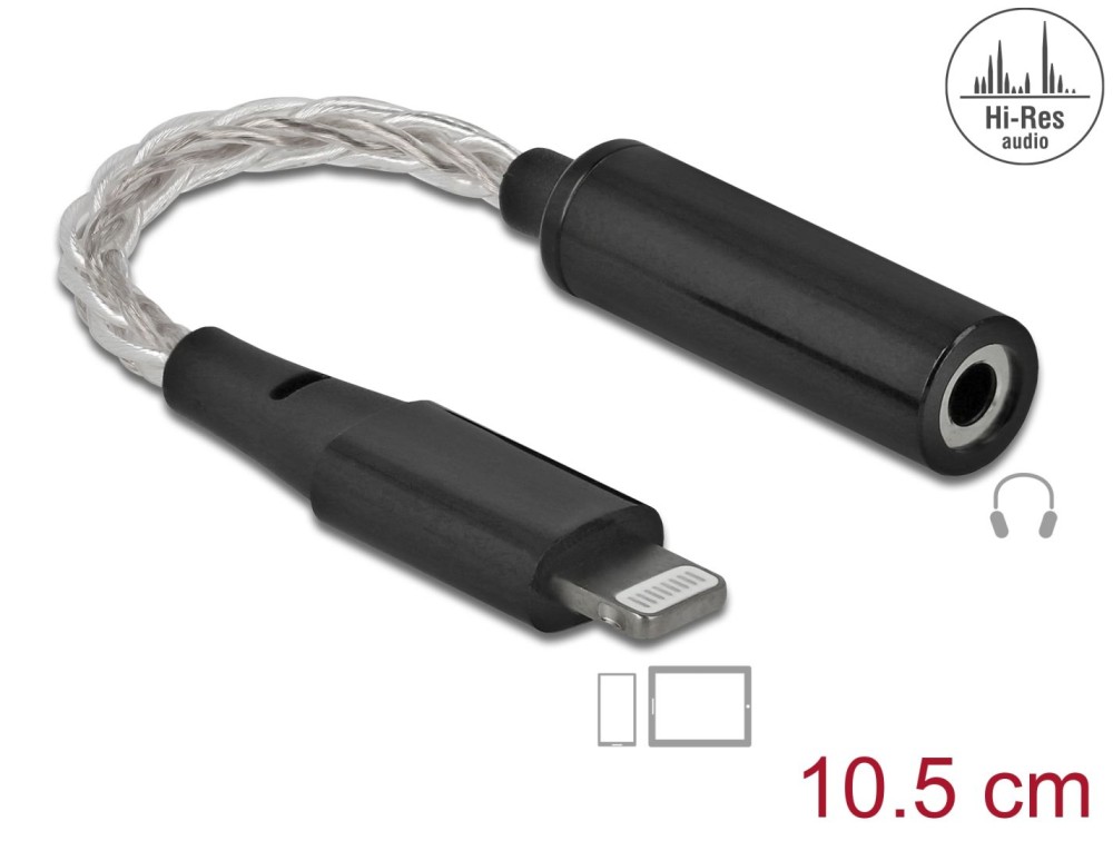 DeLock Audio Adapter 8 pin Lightning male DAC 24 Bit/48 kHz Hi-Res to 3.5mm 4 pin stereo jack female 10,5cm Black