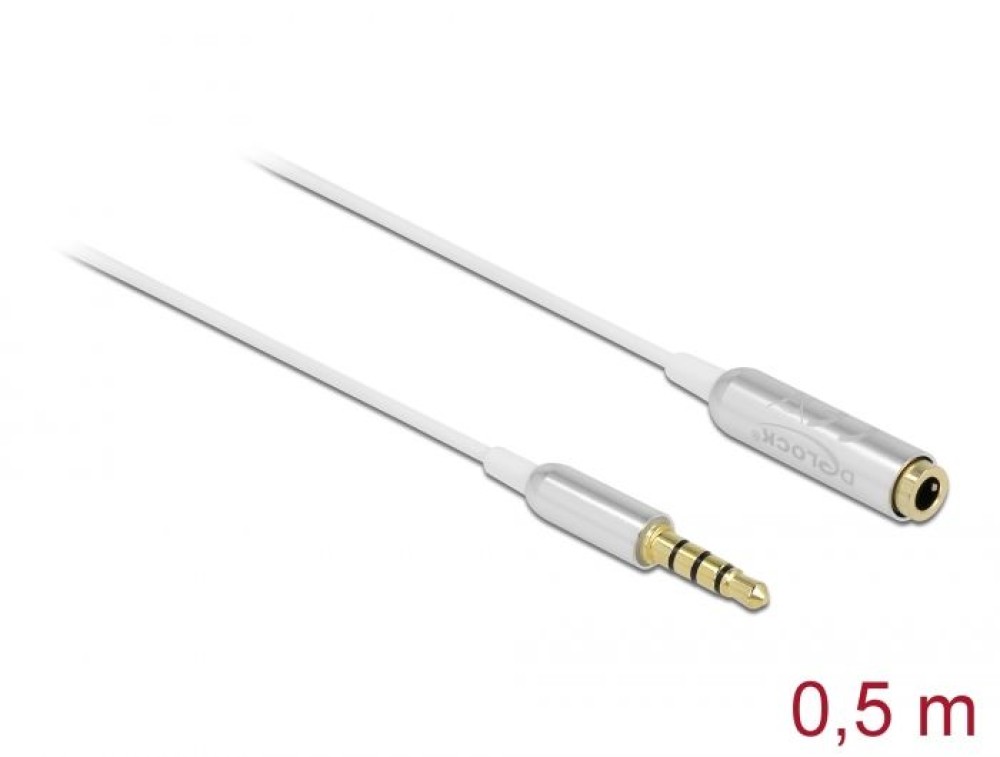 DeLock Audio Extension Cable Stereo Jack 3.5mm 4 pin male to female Ultra Slim 0,5m White