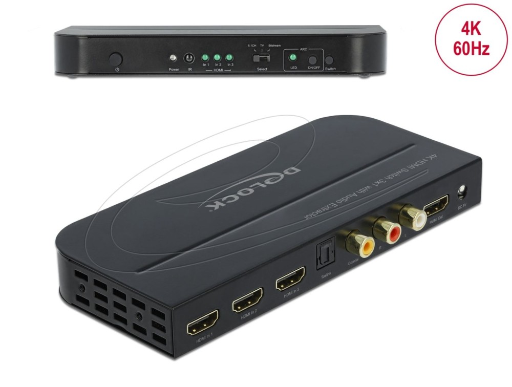 DeLock HDMI Switch 3 x HDMI in to 1 x HDMI out 4K 60 Hz with Audio Extractor