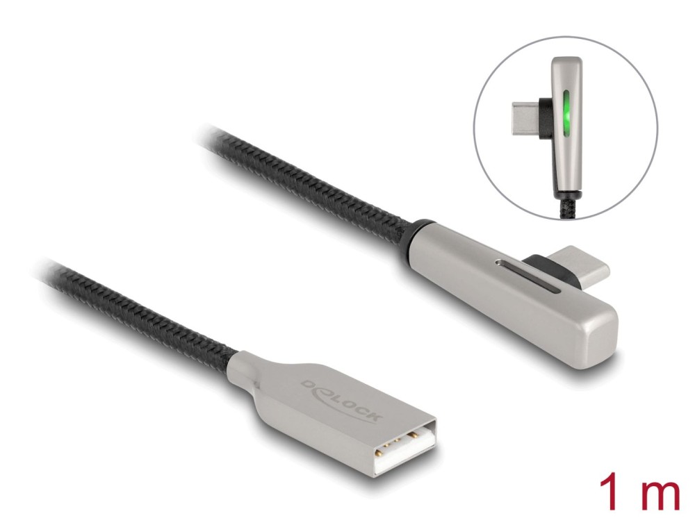 DeLock USB 2.0 Cable Type-A male to USB Type-C male angled with LED and Fast Charging 60W 1m Black