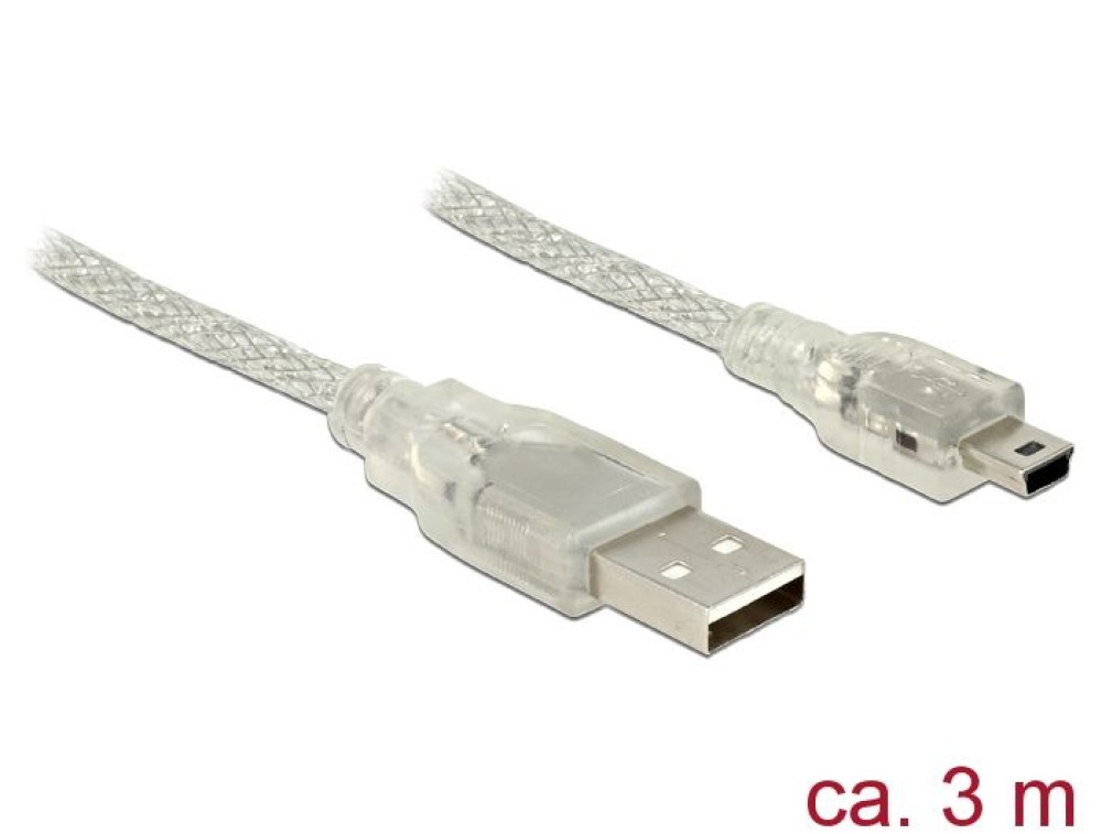 DeLock USB 2.0 Type-A male > USB 2.0 Mini-B male 3m cable Transparent