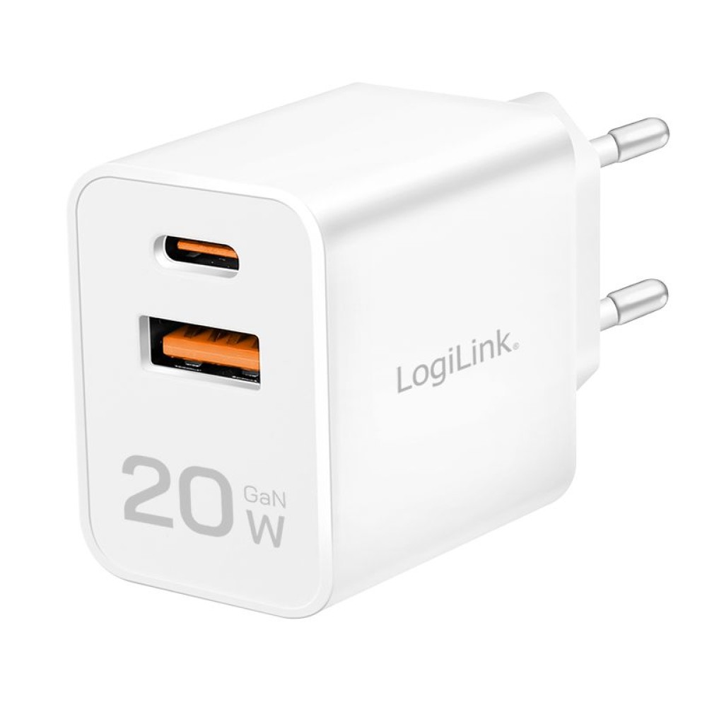 Logilink USB-A/C charger 20W GaN 2-port 1x USB-C (PD) 1x USB-A White