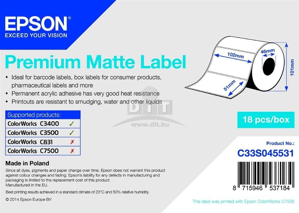 Epson S045531 Premium Matt címkeszalag 102mm x 51mm 650pcs