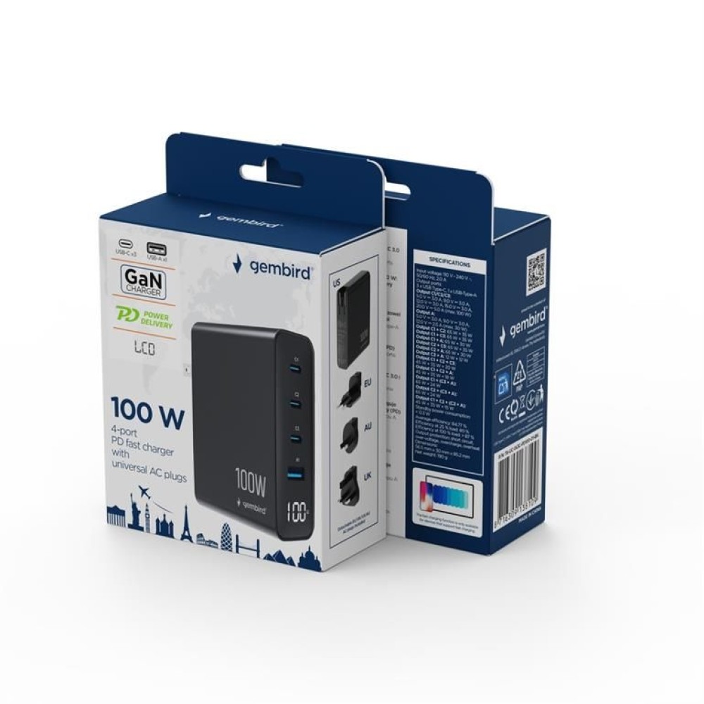 Gembird 4-port 100W GaN USB fast charger LCD Black