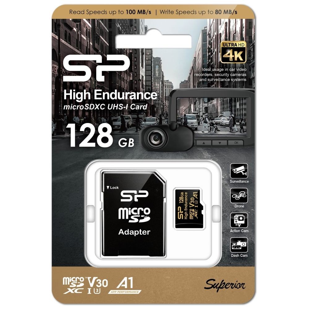 Silicon Power  128GB microSDXC Gold Series High Endurance Class 10 UHS-I U3 V30 A1 + adapterrel