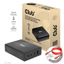 Club3D Travel Charger 132W GAN technology Four port USB Type-A and -C Power Delivery(PD) 3.0 Support