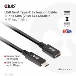 Club3D USB Gen1 Type-C Extension cable 1m Black