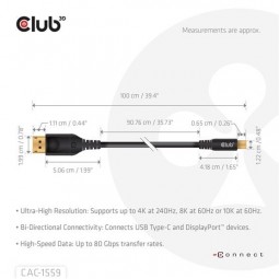 Club3D USB Type-C Cable to DP 2.1 Bi-Directional VESA DP80 Certified Cable 1m Black