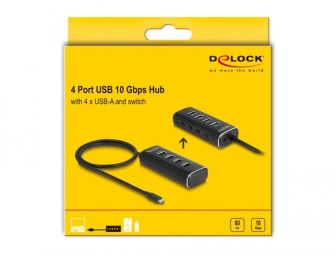 DeLock 4 Port USB 10 Gbps Hub with USB Type-C connector 60 cm Cable and Switch for each port