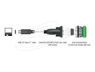 DeLock Adapter USB 2.0 Type-C to 1 x Serial RS-422/485 male with 6 pin terminal block 5V 2m