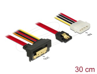 DeLock Cable SATA 6 Gb/s 7 pin receptacle + Molex 4 pin power plug > SATA 22 pin receptacle downwards angled metal 30 cm