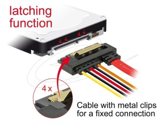 DeLock Cable SATA 6 Gb/s 7 pin receptacle + Molex 4 pin power plug > SATA 22 pin receptacle downwards angled metal 30 cm