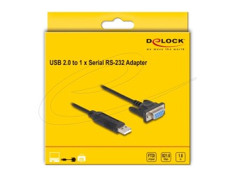 DeLock USB 2.0 to Serial RS-232 Adapter Sub-D 9 female with screws compact connector housing 1.8m Black