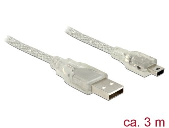 DeLock USB 2.0 Type-A male > USB 2.0 Mini-B male 3m cable Transparent