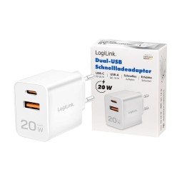 Logilink USB-A/C charger 20W GaN 2-port 1x USB-C (PD) 1x USB-A White