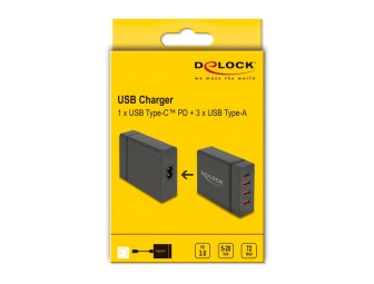 DeLock USB Charger 1xUSB Type-C PD3.0 + 3xUSB Type-A 60W + 12W Black