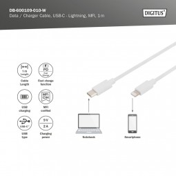Digitus Data / Charger Cable, USB-C - Lightning, MFI 1m White