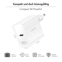 Logilink USB-C charger 65W GaN 1-port 1xUSB-C (PD/QC) White