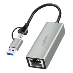 Logilink USB-C to Gigabit Ethernet Adapter with 2-in-1 USB Connection Grey