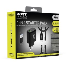 Port Designs 4-in-1 Starter Pack 65W GaN Charger + cables + converter Black