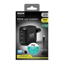 Port Designs GaN2 PD 100W Wall Charger with 2M USB-C cable Black