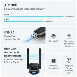 TP-Link Archer T5U Plus AC1300 Dual Antennas High Gain Wireless USB Adapter