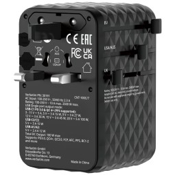 Verbatim Charge 'n' Travel 100W GaN III Universal Travel Adapter with Retractable USB-C Cable Black
