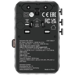 Verbatim Charge 'n' Travel 100W GaN III Universal Travel Adapter with Retractable USB-C Cable Black