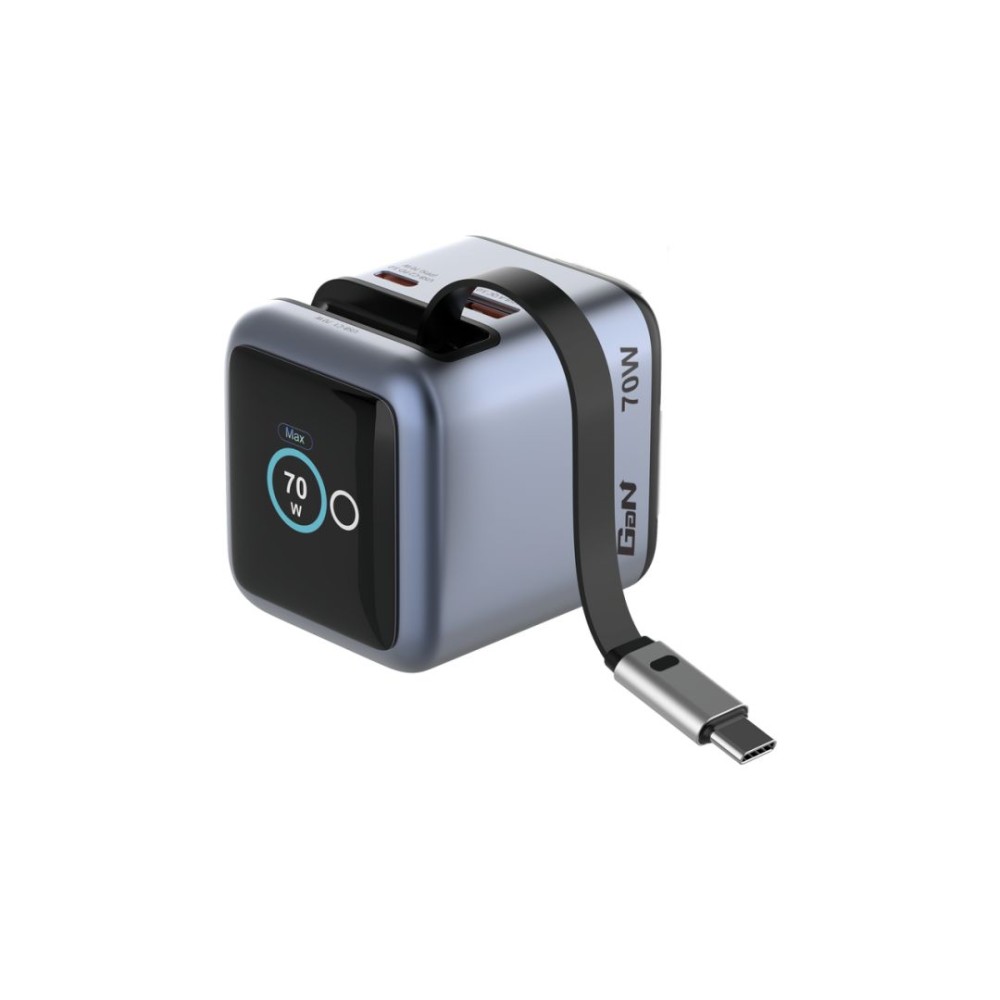 Verbatim Mini GaN Charger 70W Retractable USB-C Cable & Display Grey